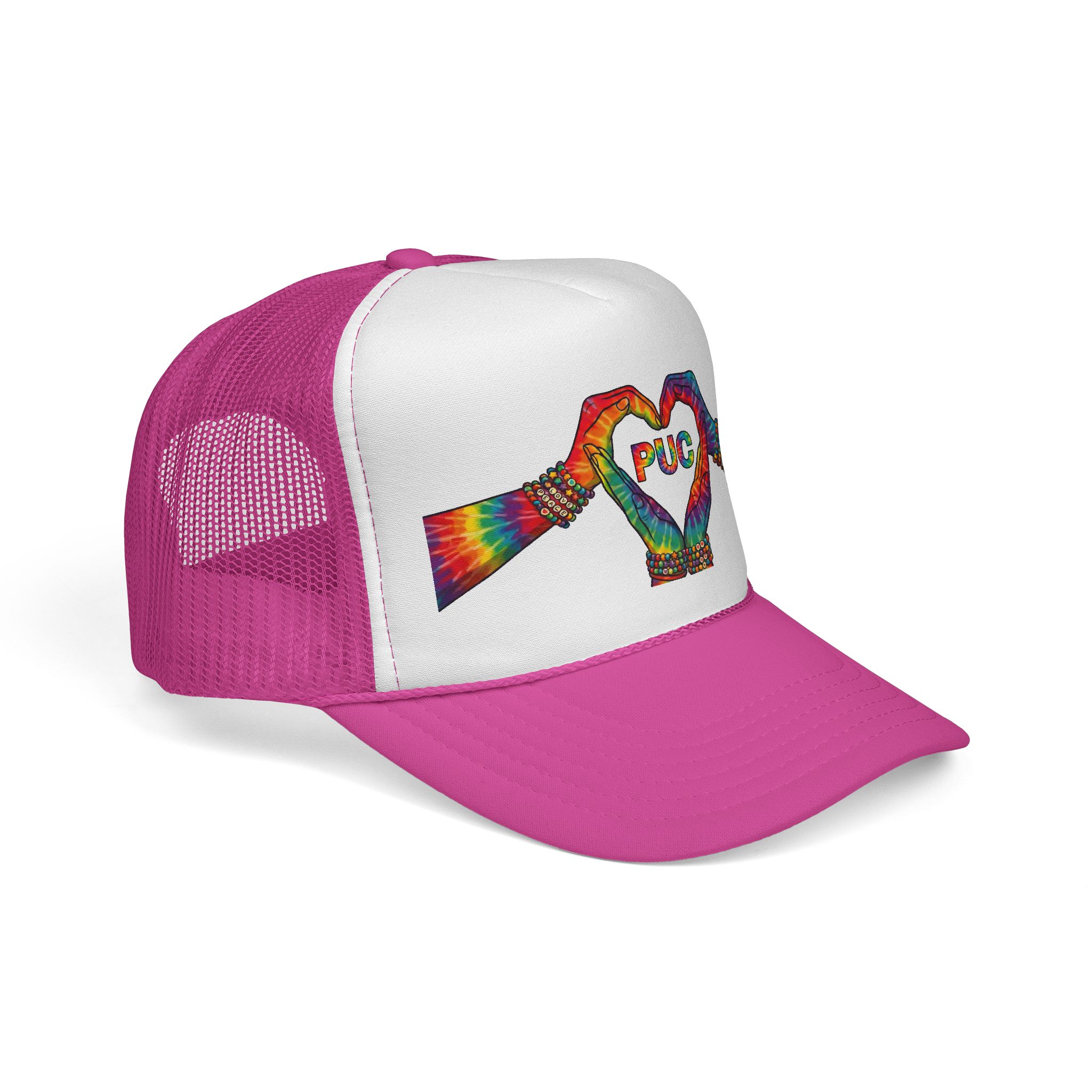 Tie-Dye Heart Hand Trucker Cap — Rainbow 'PUC' Love Design - Image 6