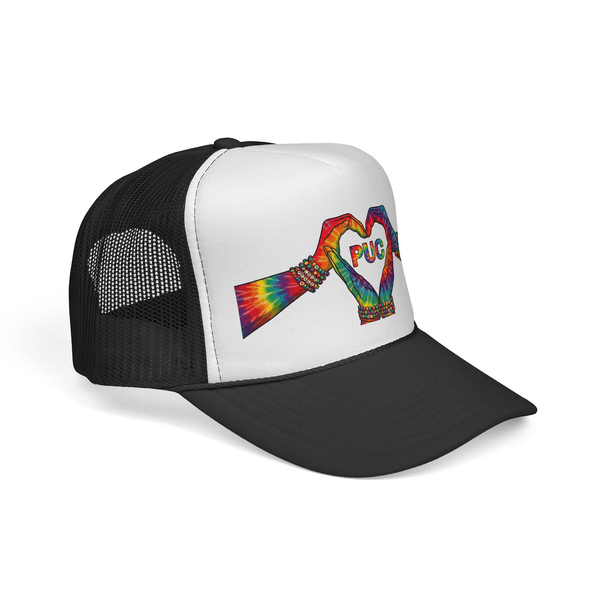 Tie-Dye Heart Hand Trucker Cap — Rainbow 'PUC' Love Design - Image 2