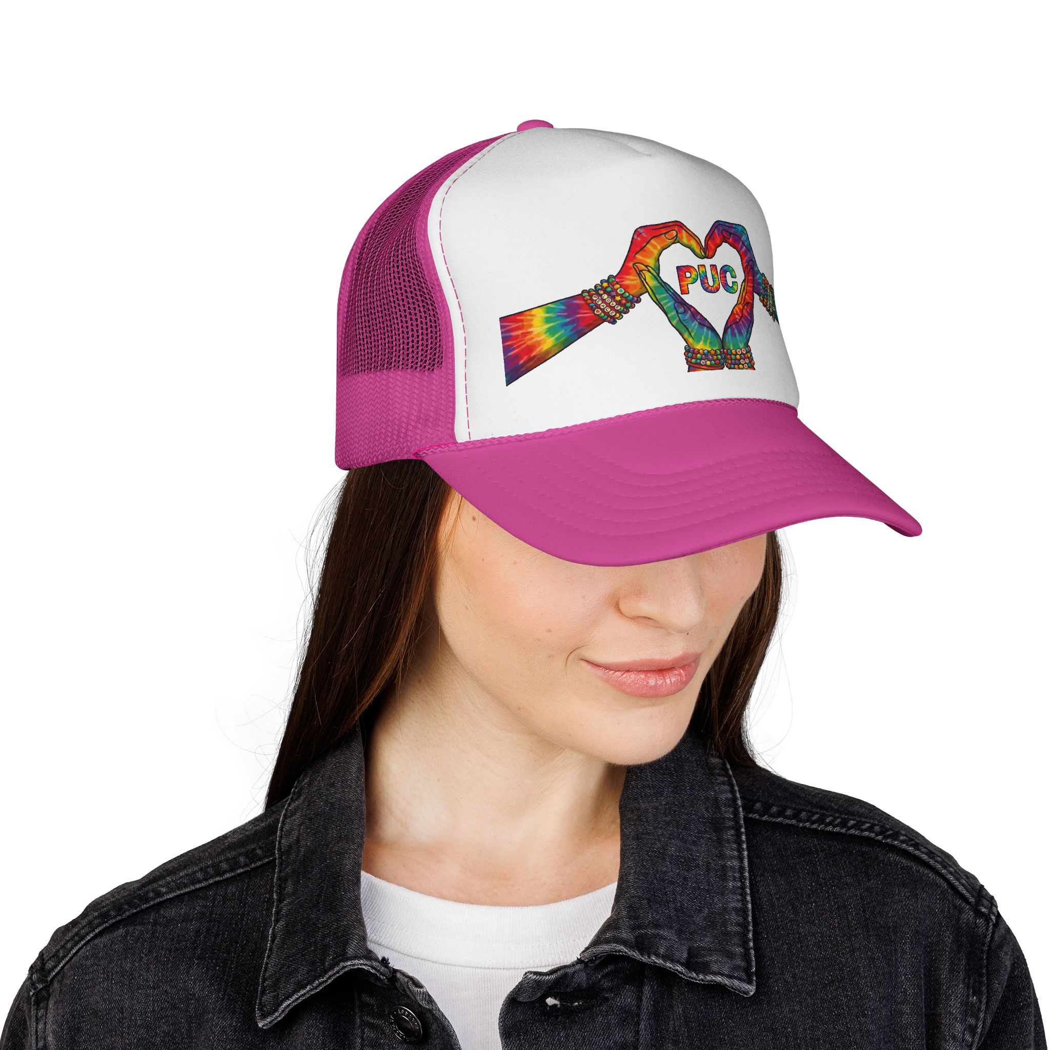 Tie-Dye Heart Hand Trucker Cap — Rainbow 'PUC' Love Design - Image 8