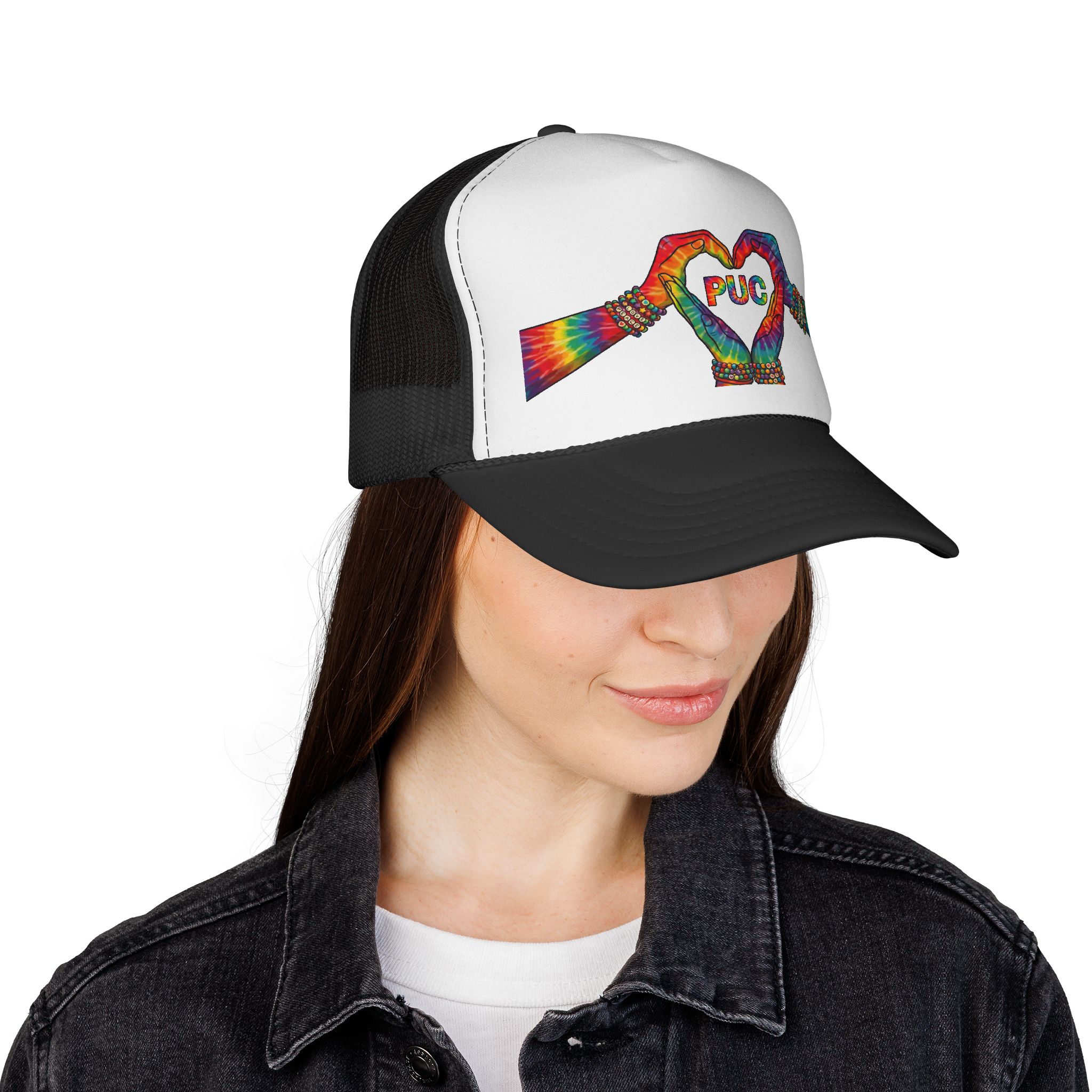 Tie-Dye Heart Hand Trucker Cap — Rainbow 'PUC' Love Design - Image 4