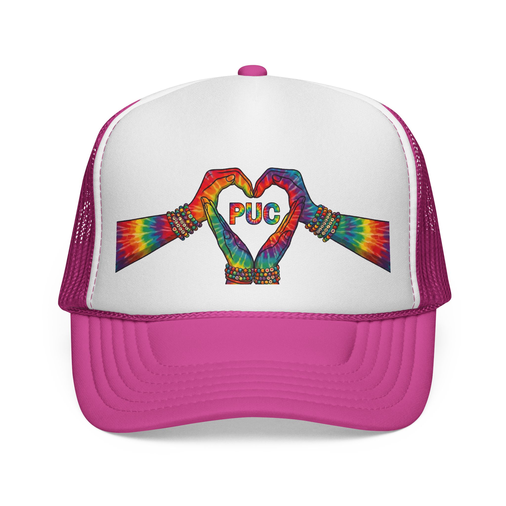 Tie-Dye Heart Hand Trucker Cap — Rainbow 'PUC' Love Design - Image 5