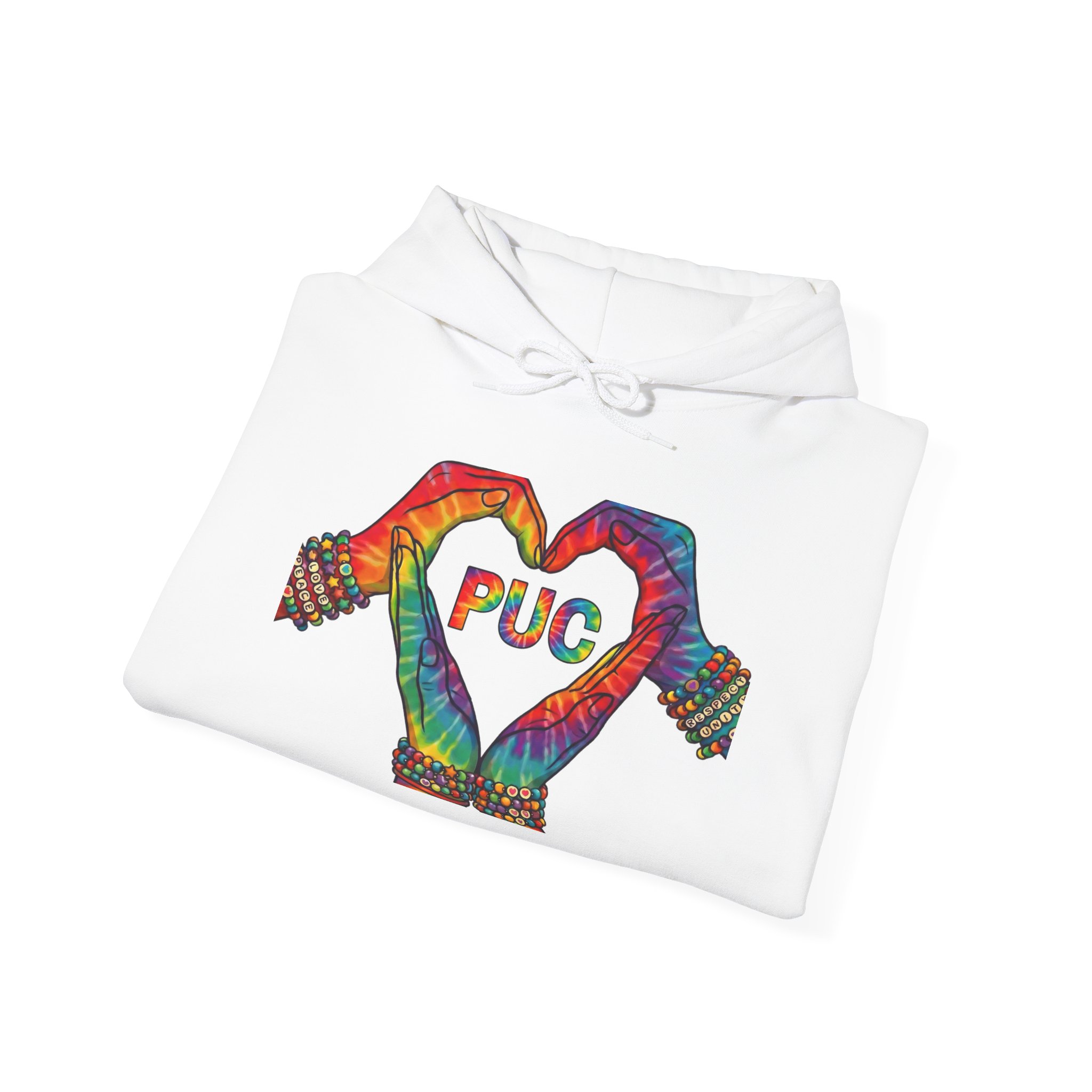 Hoodie - Colorful Hand Heart 'PUC' Graphic Pullover - Image 4